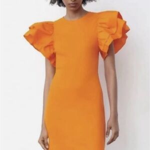 Orange ZARA ruffle sleeve dress. Worn once. Like new. Great for game days!